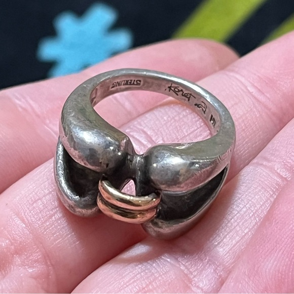 VTG Koret Signed Sterling Silver 925 14k Gold Buckle Modernist Size 5 3/4 Ring - Picture 4 of 6